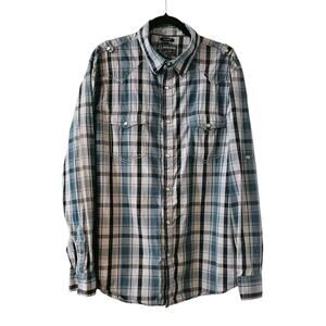 American Rag CIE Mens XL Plaid Shirt Blue Grey Pearl Snap Flap Pockets Roll Tab